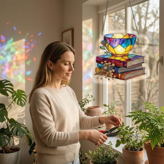 Bookish Acrylic Puzzle Suncatcher, Stained Glass Style Window Hanging Ornament, Hummingbird Floral Book DIY Sun Catcher Kit for Home Decor,