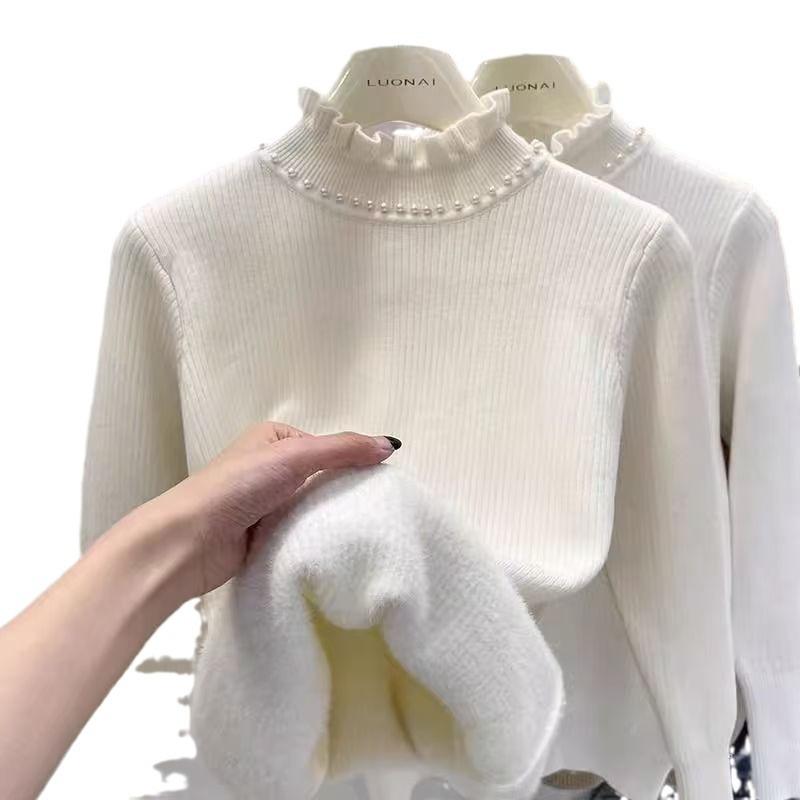 Warmer Damen-Fleece-Einteiler-Pullover mit zusätzlichem Samt und verdickter Stärke, Holzohrsteckern und Wollbasis-Pullover
