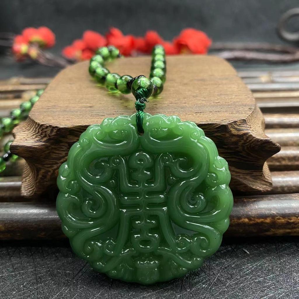 Vintage Double-Sided Pixiu Pendant Necklace: Imitation Jade Glaze, Fu Shou An Kang Charm