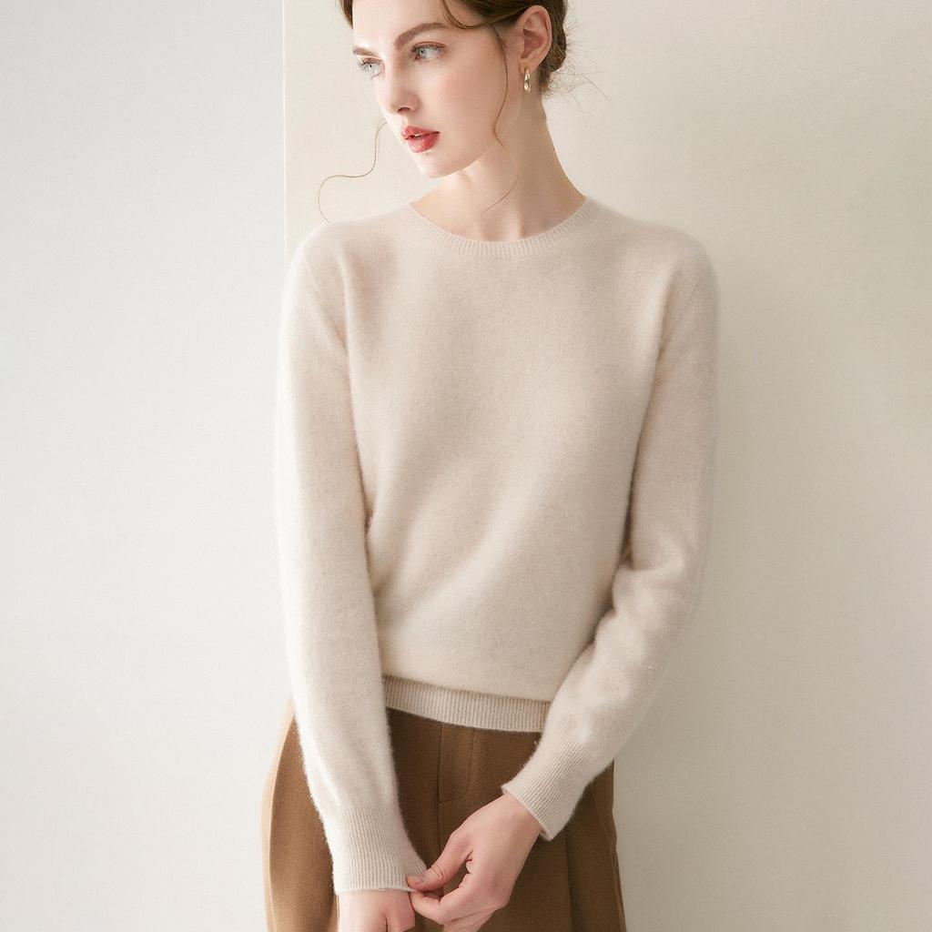 Women's Versatile 100% Cashmere Sweater – Round Neck, Loose Knit Base Layer for Autumn/Winter