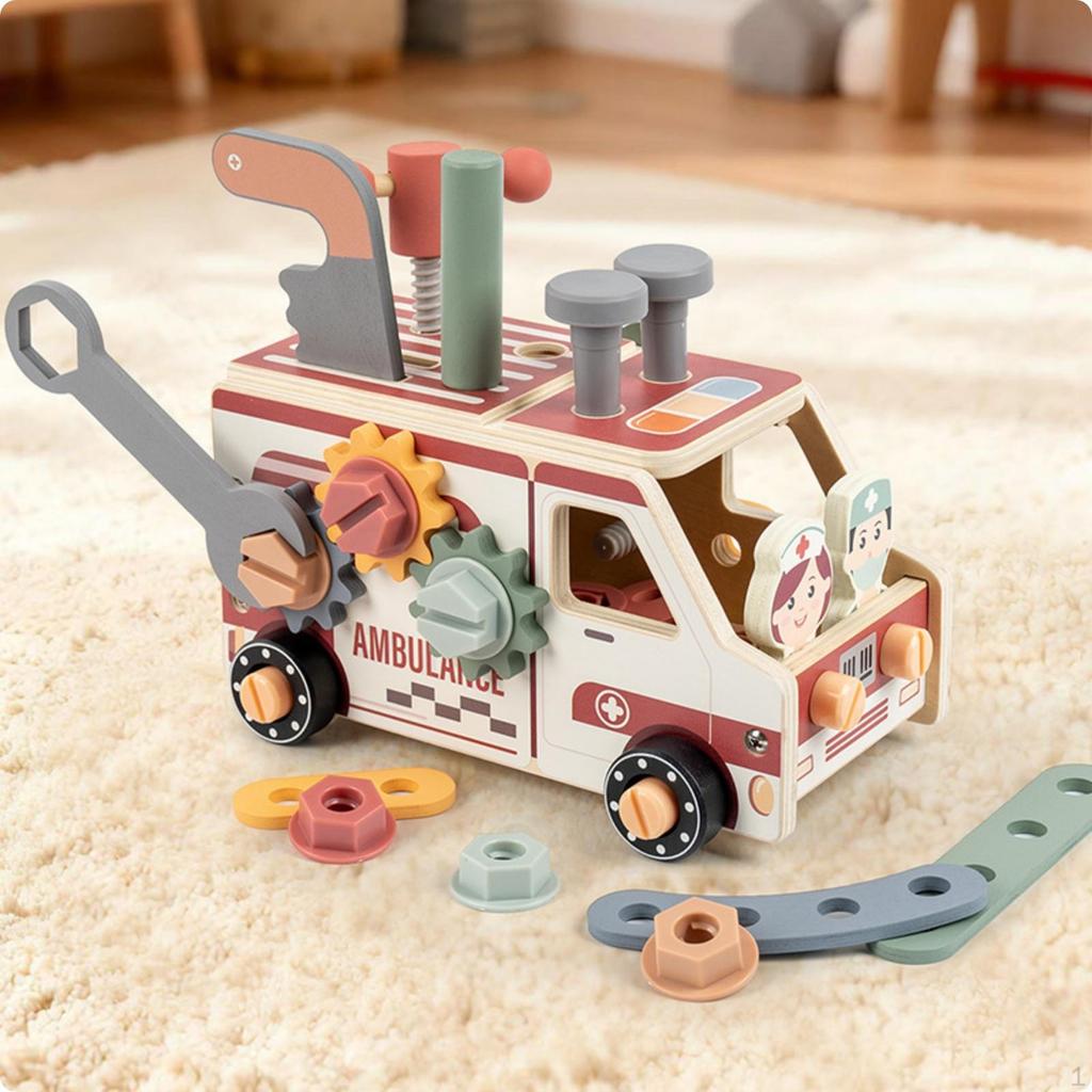 Wooden Screw Toy Vehicle Removable Parts Nut and Bolt Painted Ambulance