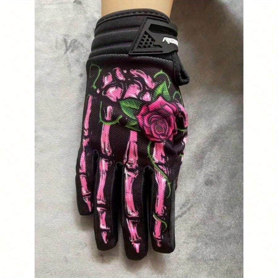 1pair Men's and Women's Rose Patterned Long Finger Outdoor Sports Off-Road Bike Cycling Gloves In Black and Pink, Winter Hand Warmers