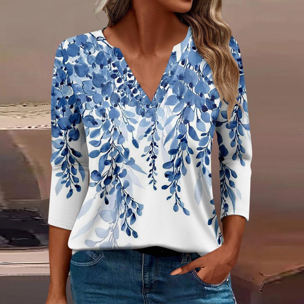 Women's T Shirt Tee Print Button 3/4 Sleeve Daily Weekend Fashion Basic V Neck Regular Top