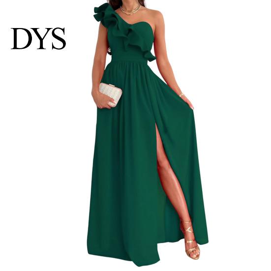 Lady Long Dress Evening One Shoulder Sleeveless Split Hem Solid Color Ruffle Pleated Ball Gown Off Prom Cocktail Party Maxi Women