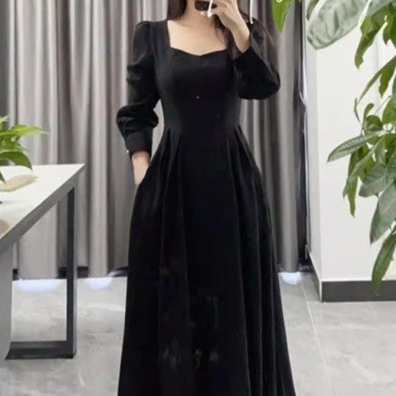Vintage French Design Maxi Midi Dresses for Women Clothing Party Elegant Square Neck Black Long Dress Korean Fashion Autumn 2025