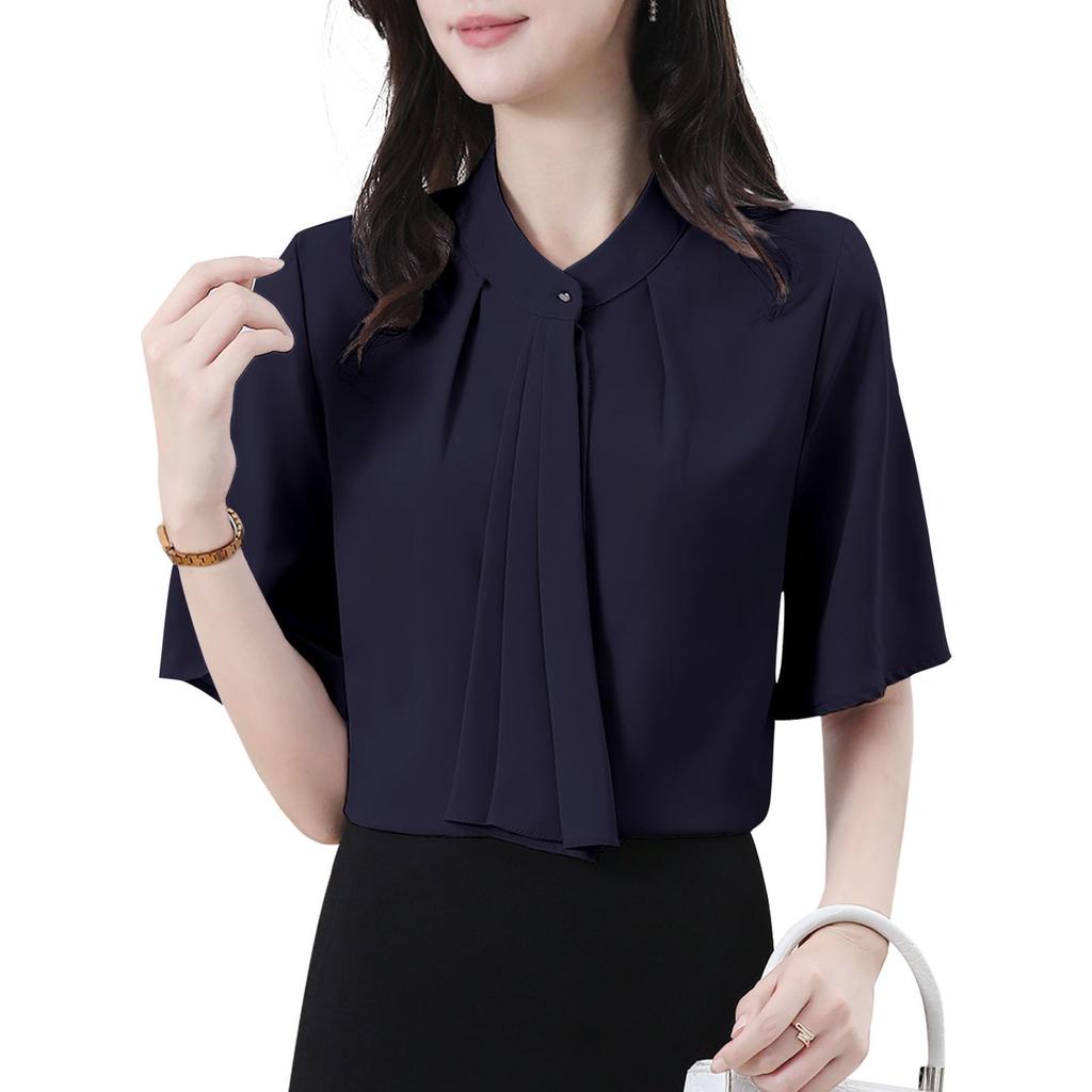 Shirt Blouse for Short Body Office Going Summer [Yino] Women, Sleeve, Bowtie, Drape, Ribbon, Covering, Slimming, Stylish, Neat, Feminine, Adult, Cute,