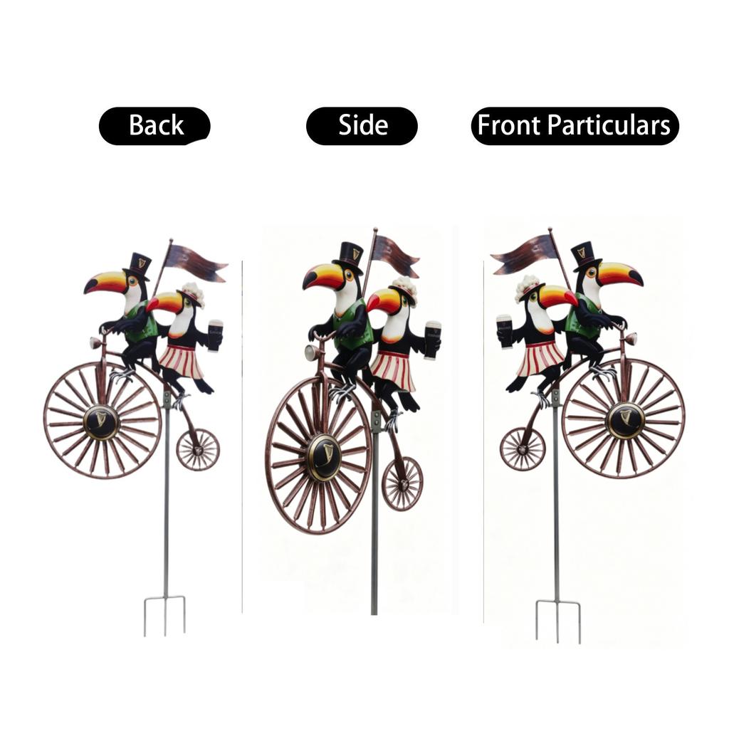 Outdoor Rotating Wind Spinner with Two Toucan Birds on Vintage Bicycle Garden Yard Decoration Metal Windmill Stake for Lawn Patio