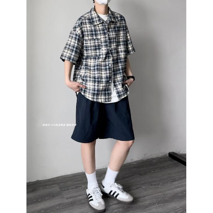 Sommer Neues Farbblockiertes Kariertes Revershemd Japanisches Retro Taschen Dekoration Kurzarmhemd