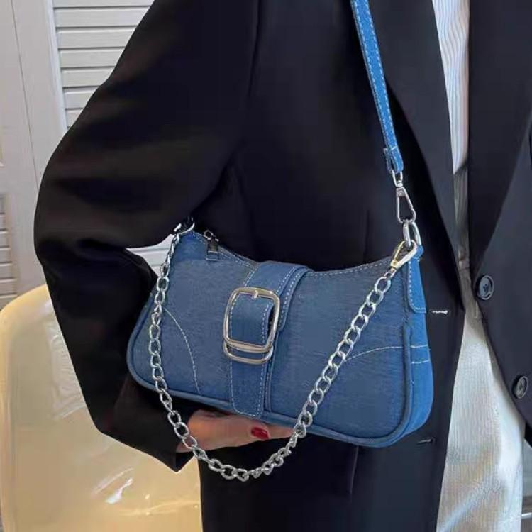 Retro Denim Canvas Bag Bag Women'S Fashion Shoulder Versatile Chain Underarm Baguette Bag