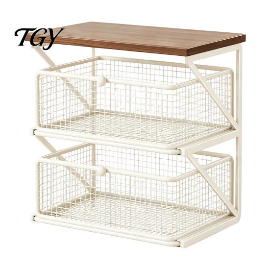 Compact Coffee Organizer Station with Drawer, Tiered Bar Organizer, Wooden Top Shelf, Desktop Storage Shelf Wire Mesh Drawers for Tea Bags, Capsules,