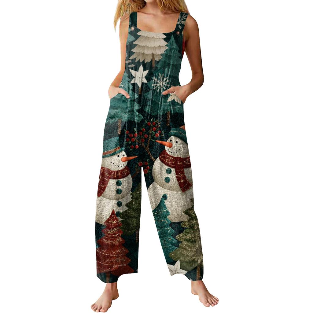 Womens Casual Overalls Jumpsuits Adjustable Straps Sleeveless Print Comfy Rompers With Pocket