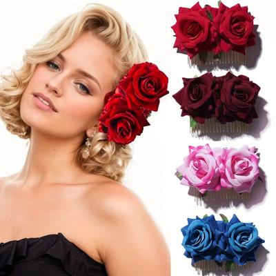 1PCS Velvet Rose Hairpin Hair Accessories Rose Hair Comb Bridal Hair Comb Wine Red Curling Simulation Flower Headdress Female