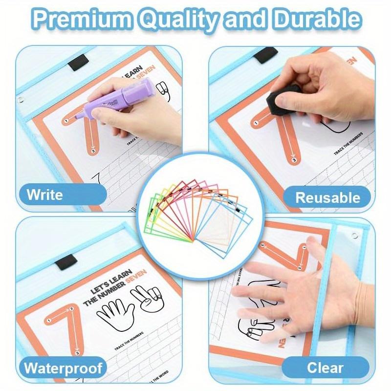 Confezione da 12 Tasche Cancellabili a Secco, Proteggi Fogli Riutilizzabili 10x14 Portaticket Lavoro con Anelli, Tasche Cancellabili per Lavoro, Aula, Ufficio