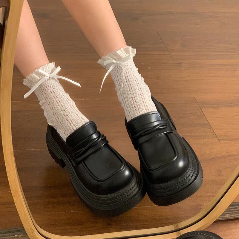 French Black Platform Heightening Loafers Women's 2025 Spring New Versatile One-pedal College Style Small Leather Shoes