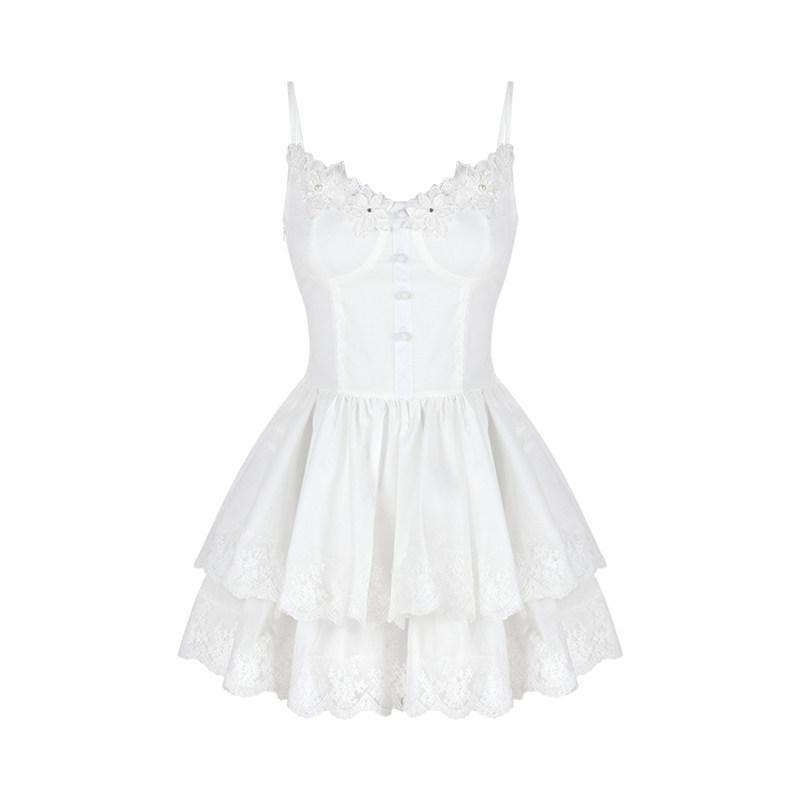 

Pure desire wind fairy small white dress Korean waist design splicing lace off the shoulder sleeveless high-end sexy skirt woman S
