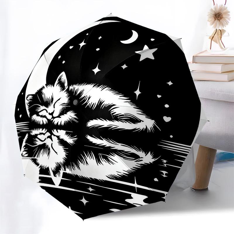 1pc cat moon Automatic Folding Umbrella, Heavy Duty 8 Rib Iron Frame,  Suitable for Travel, Daily Use, Birthday, Decor Gift  38