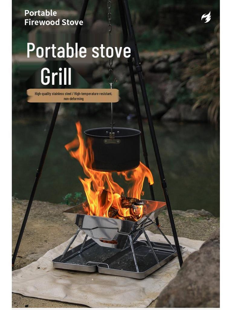 Portable Outdoor Stainless Steel BBQ Charcoal Grill for 2-5 People, Folding Grill Rack