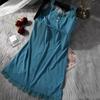 Women's Elegant Lace Trim Ribbed Nightdress Sleeveless V-Neck Button Decor Slip Dress Comfortable Sleepwear & Loungewear