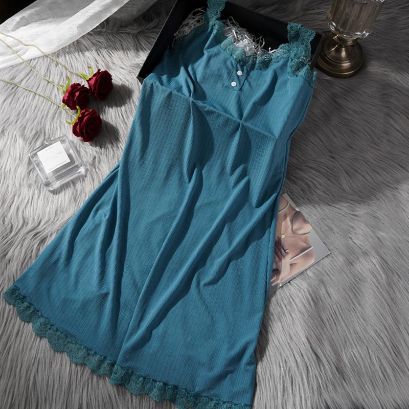 Women's Elegant Lace Trim Ribbed Nightdress Sleeveless V-Neck Button Decor Slip Dress Comfortable Sleepwear & Loungewear