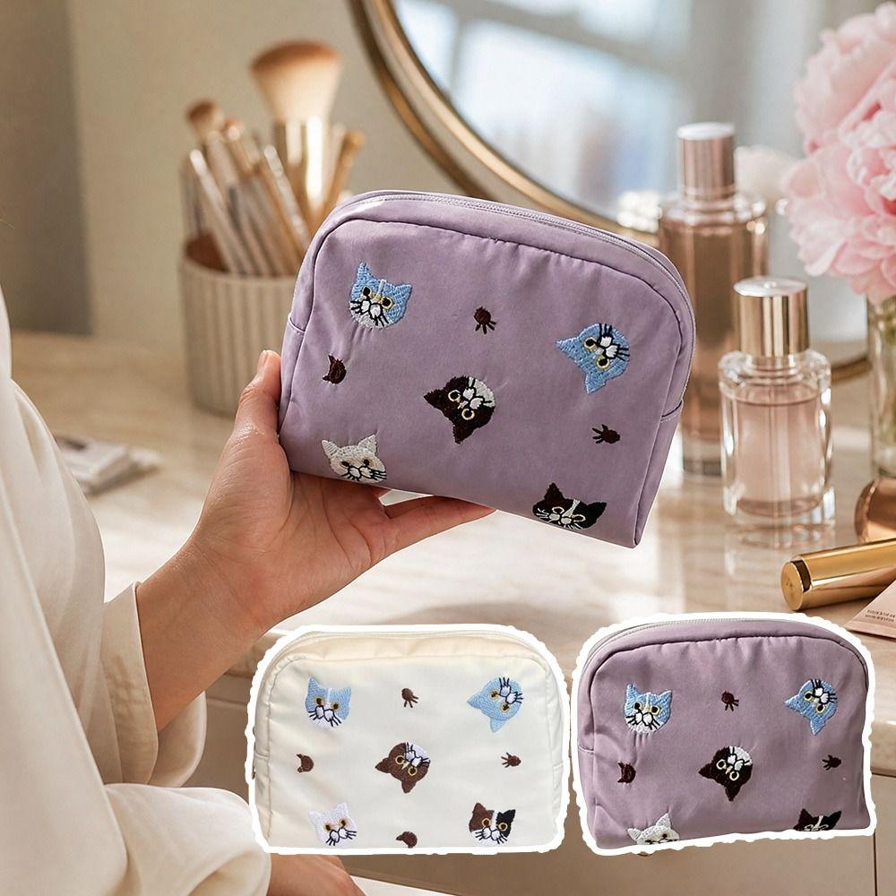 Portable Embroidery Cosmetic Bag Multifunctional Nylon Makeup Bag Large Capacity Lipstick Organizer Cases