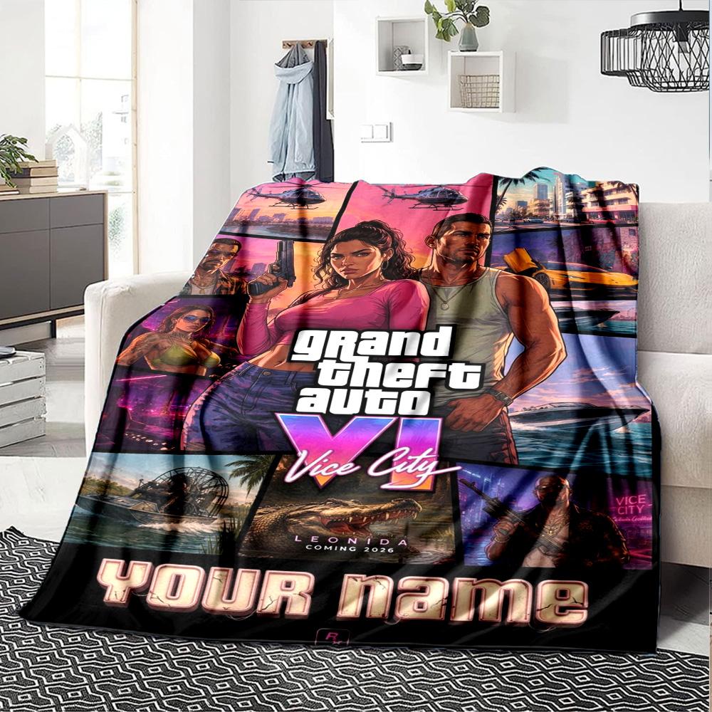Name Custom GTA Game Print Flannel Blanket High Quality Warm Comfortable Cover for All Seasons Perfect for Gifts Home Decor