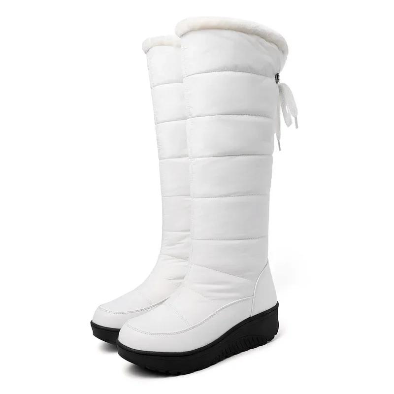 White Warm Fur Waterproof Women Knee High Snow Boots Black Down Vacation Party Lady Back Lace-up Wedge Platform Heels Long Boots