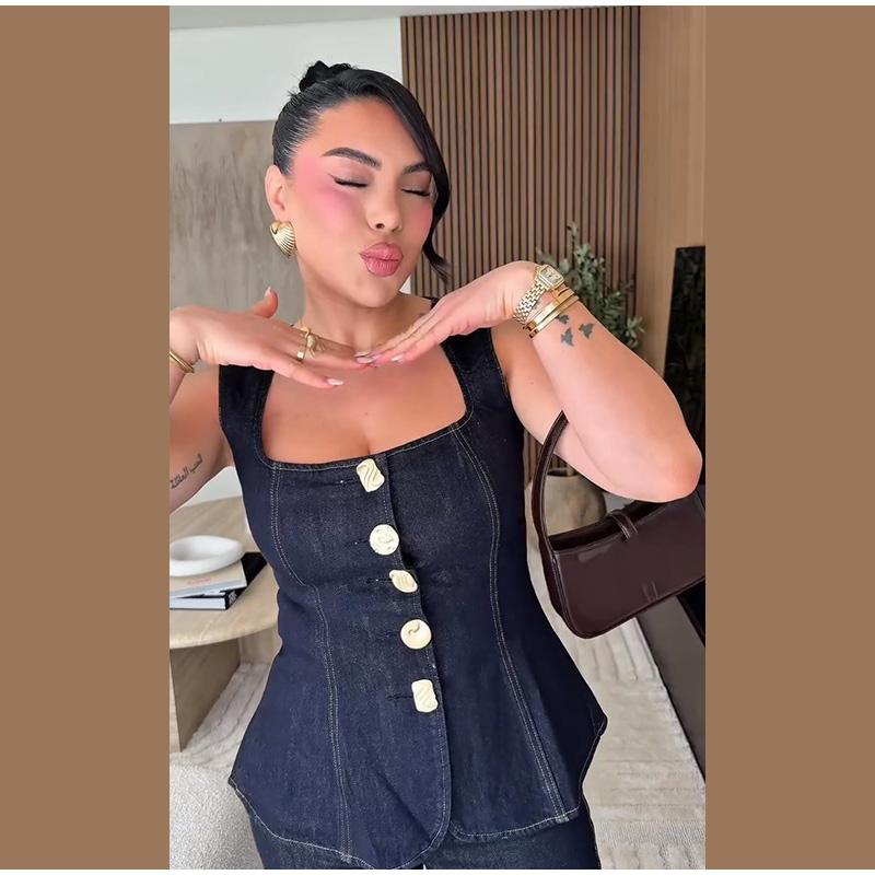 Street Denim Pants Set Women Sleeveless Single Breasted Slim Square Collar Tank High Waist Straight Jeans 2025 Summer Lady Suit
