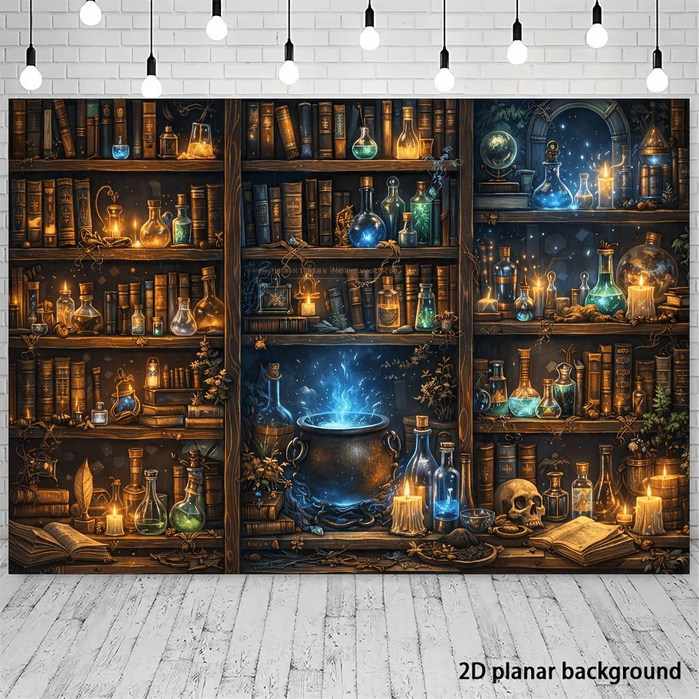 [Background Banner] 2D Plane Magic Theme Party Banner with Retro Magic Bookshelf Backgroundzyc