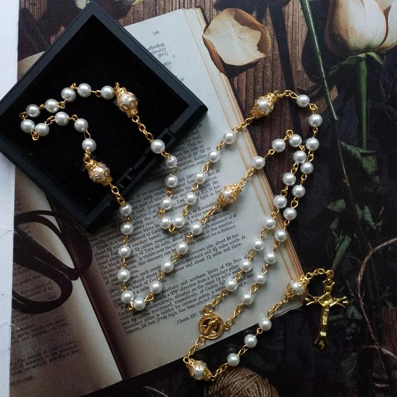Religious Five Blessed Rosary Necklace Prayer Beaded Chain Chaplet Saint Benedict Medal Crucifix Cross Y-Necklace Jewelry