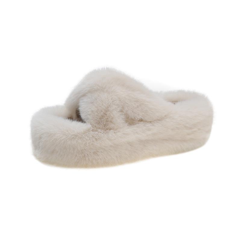 Large Size Fluffy Slippers for Women's Autumn and Winter New Home Exterior Wear with Plush Inside and Thick Bottom Cross Fluffy Mop