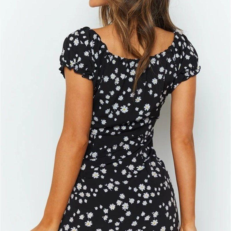 Printed Drawstring Short Sleeve Hip Wrap Sexy Dress