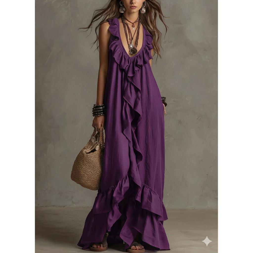 Sexy Deep V Neck Ruffle Loose Long Dresses Woman Spring Casual Solid Party Maxi Dress Summer Sleeveless Vacation Beach Dress