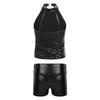 Girls Sleeveless Backless Shiny Sequin Halter Crop Top Metallic Dance Shorts Jazz Dance Stage Performance Outfit