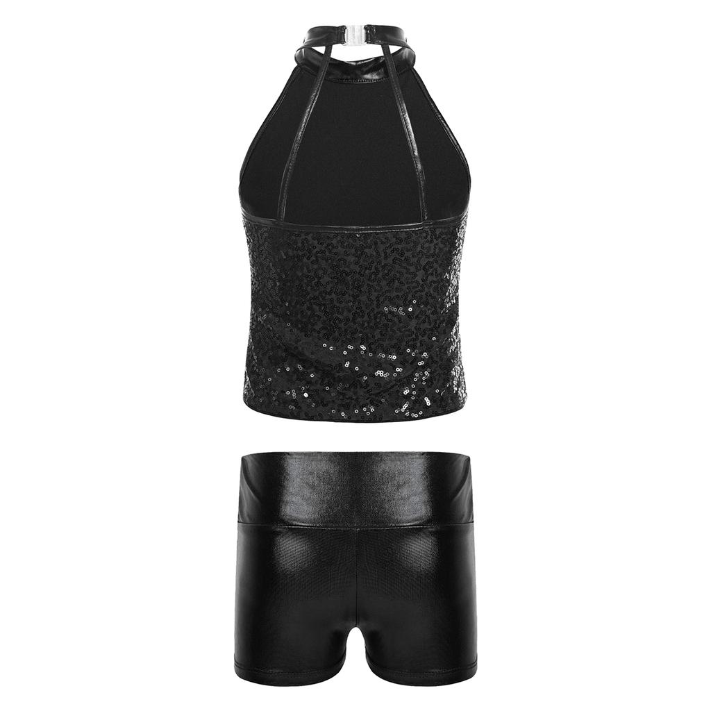 Girls Sleeveless Backless Shiny Sequin Halter Crop Top Metallic Dance Shorts Jazz Dance Stage Performance Outfit