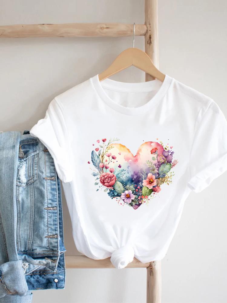 Women's Short-sleeved T-shirt, Fashionable Flower Print Bottoming Shirt