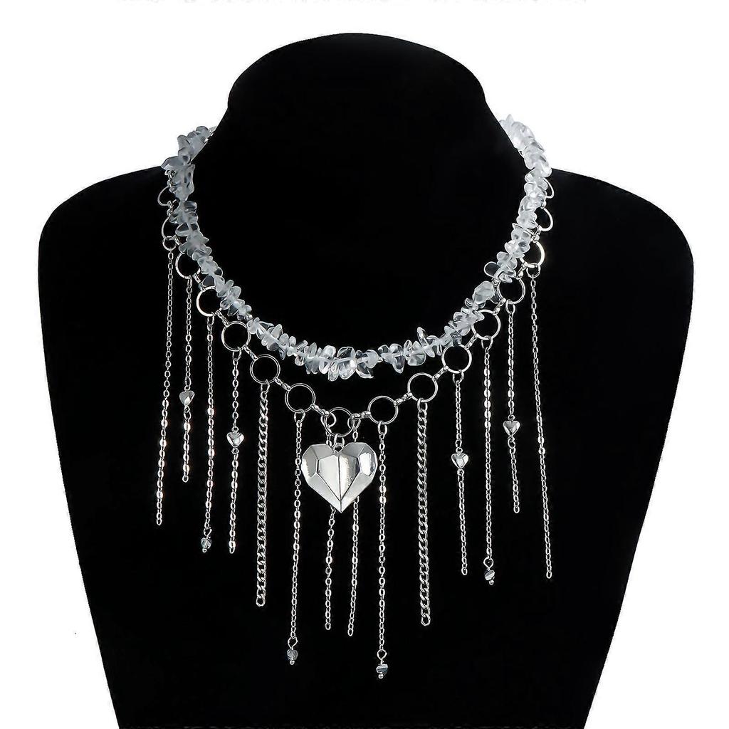 Irregular Natural Stone Heart Pendant Fringe Collarbone Chain Necklace Alloy Lightweight Layering Jewelry For Women