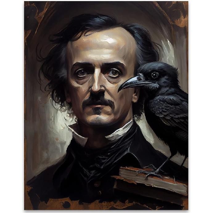Edgar Allan Poe and the Raven Portrait Poster - 11x14 Print Raven Wall Art - Gothic Decor - Spooky Wall Decor 14 L x 11 W