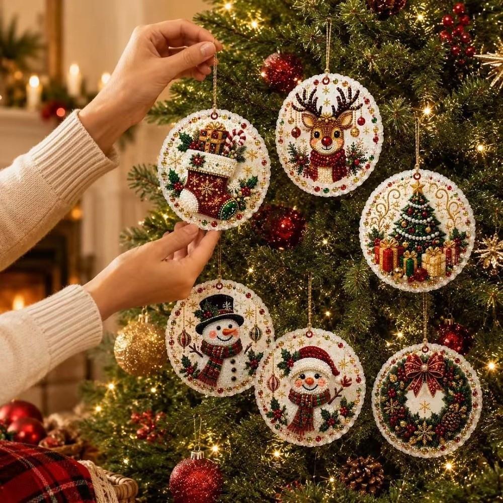 6Pcs Wooden Base Wooden Christmas Ornaments Set Art Xmas Hanging Decor Wall Decoration