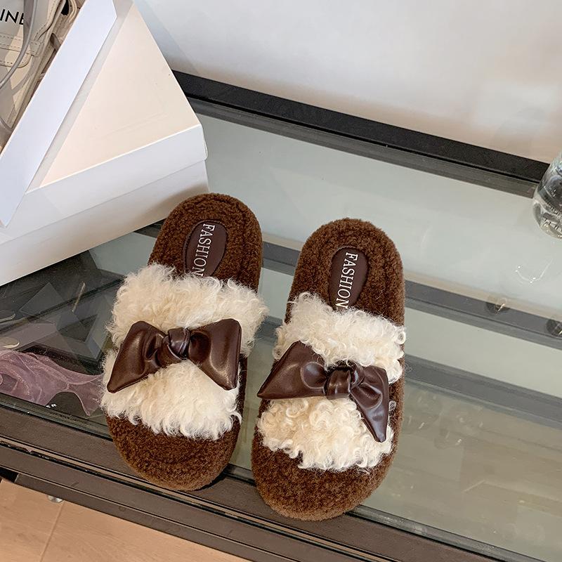 

Thick-soled leopard print bow with one foot and fluffy shoes for women to wear in the autumn of 2025 with new velvet Korean version of versatile cott 40 бежевый