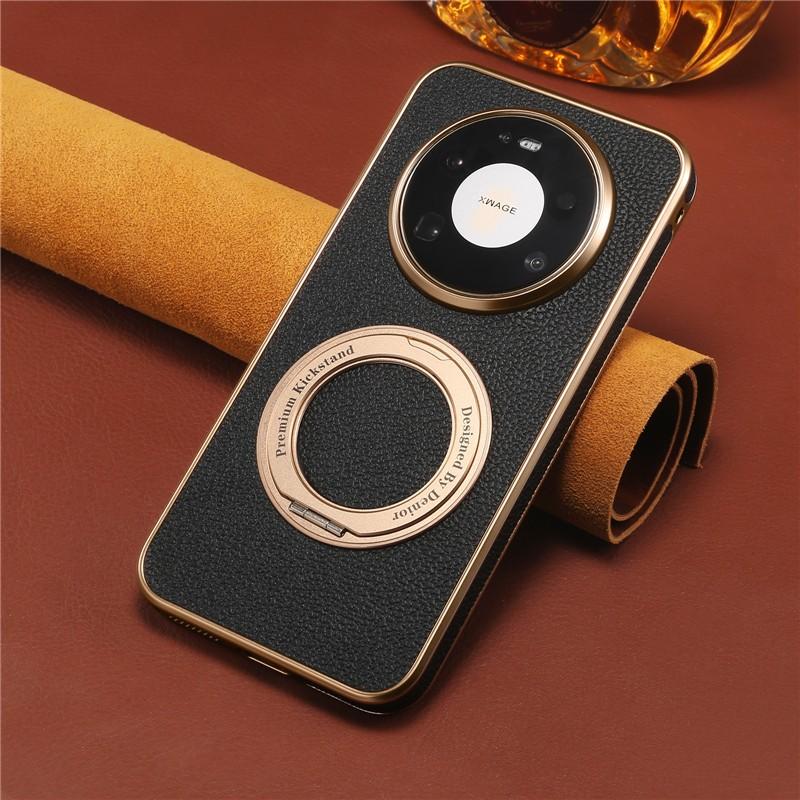 Premium Black Leather Phone Casing For Huawei Mate 80 Pro Max With Magnetic 360 Metal Bracket Wireless Charging Shockproof Cover