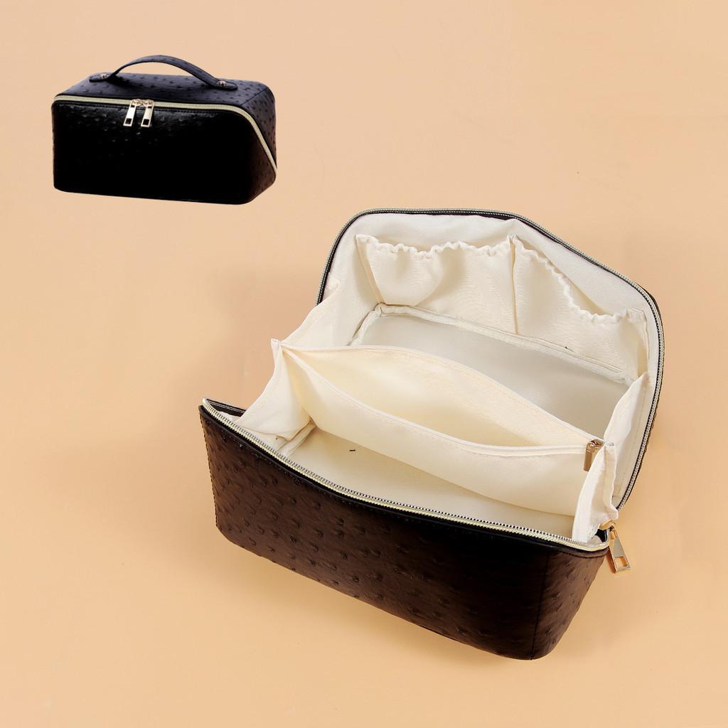 Fashionable Beige Ostrich Pattern Makeup Bag With High-end Pu Leather And Waterproof Function StyleD