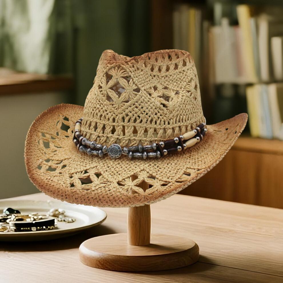 (L, Khaki) Cowgirl Hats for Women Men Outdoor Western Hat Wide Brim Straw Sun Hat with Beaded Ropes