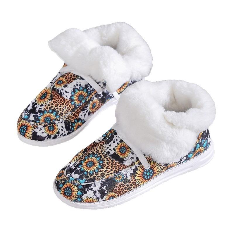 Plus Size Cotton Shoes Women's Winter 2025 New Casual Low-top Print Fleece Thickened Women's Snow Boots