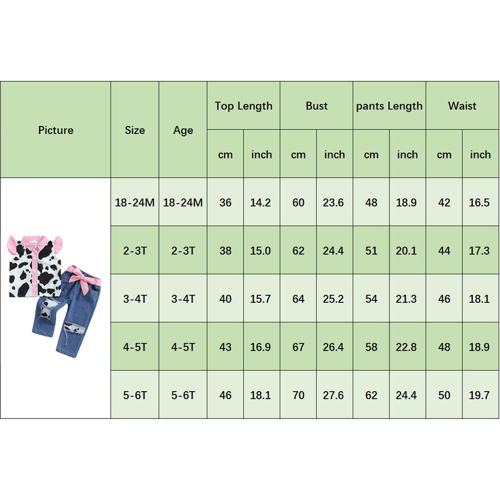 Baby Girl 2Pcs Western Outfits Fly Sleeve Cow Print Shirt + Denim Pants Set Toddler Clothes