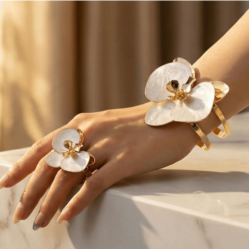 Exaggerated Flower Bracelet Bohemian Open Floral Arm Cuff Flower Bracelet Ring Set  Gatherings