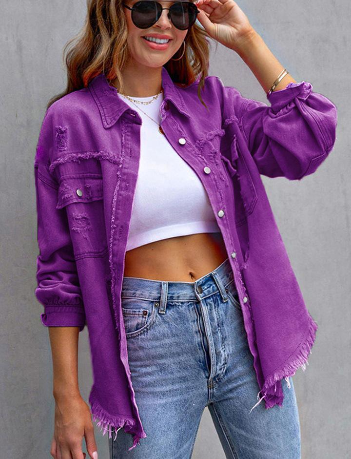 Dame Europeisk og Amerikansk Stil Ensfarget Ripped Denimjakke