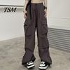 Trousers Women Cargo Pants Hip Hop Baggy Solid Color Multi Pockets Elastic Waist Match Top Loose Breathable Lady Clothes