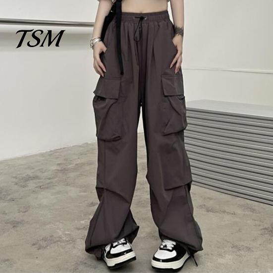 Trousers Women Cargo Pants Hip Hop Baggy Solid Color Multi Pockets Elastic Waist Match Top Loose Breathable Lady Clothes