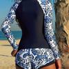 European and American New Boxers Spliced Split Swimsuit Women's Sports Long-sleeved Printed Sexy Surf Swimsuit