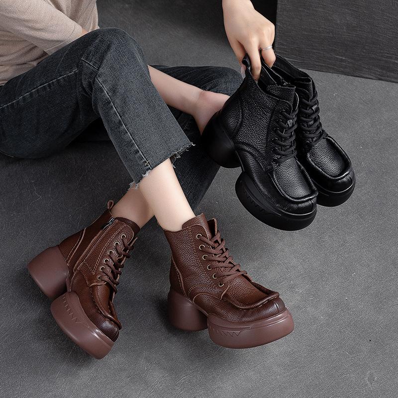 Fashion GKTINOO Women Motorcycle Boots Genuine Leather 2025 New Zip Thick Soled Women Shoes Sewing Handmade Retro Short Platform Boots